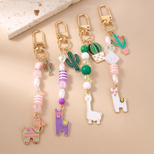 Fashionable cactus and alpaca beaded keychains with colorful pearls and charms