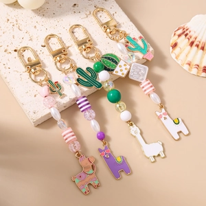 Fashionable alpaca and cactus beaded keychains with faux pearls and colorful charms