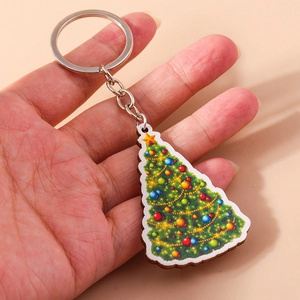 Handheld cartoon Christmas tree keychain with colorful prints and silver metal ring