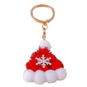 Llavero de gorro navideño en peluche rojo con copo plateado y anillo de metal dorado