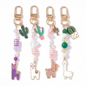 Fashionable beaded cactus and alpaca keychains set in colorful assorted themes