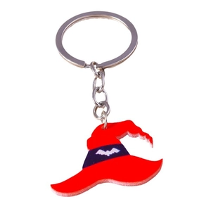 Halloween witch hat keychain with red acrylic pendant and purple bat band design