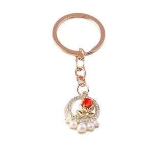 Fashion rose flower keychain with gold ring, red rose pendant, pearls and white crystals