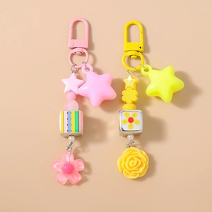 Fashion Beaded Flower Star Cube Keychain Cute Resin Candy Color Keyring Bag Pendant Accessory For Women Girls