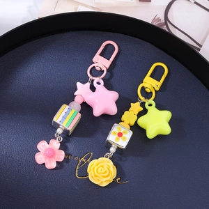 Floral cube beaded keychain with stars and resin ring hook for bags and keys