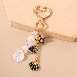 Detailed view of marine themed keychain with ocean charms like starfish and shell on a stand