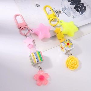 Fashionable floral cube keychain with colorful star beads and flower charms for bag decor