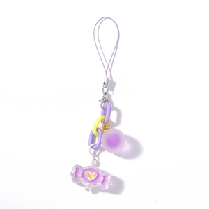 Close-up of purple candy pendant and matte ball on colorful plastic chunky chain