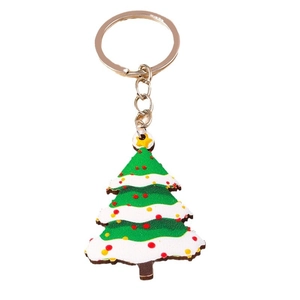 Charming wooden Christmas tree keychain with colorful painted snow and gold metal ring