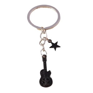 Rock style black guitar keychain with skull motif and star pendant on silver chain