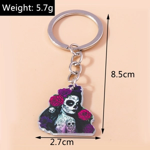 Acrylic Halloween keychain with Day of the Dead sugar skull pattern and metal ring