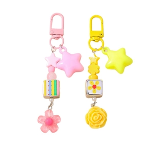 Fashion floral cube bead and star keychain charms for bags in pink and yellow set