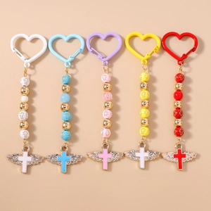 Fashion Heart Beads Cross Keychain With Angel Wings Pendant For Women Religious Jewelry Bag Charm Accessory Gift