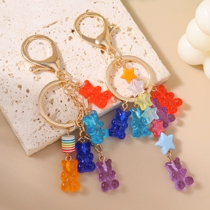 Colorful gummy bear and star keychain set with gold metal clasp for bags and accessories