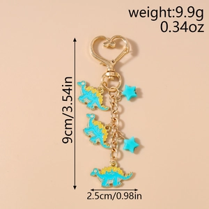 Detail view of blue dinosaur keychain with heart-shaped clip and dimensions shown