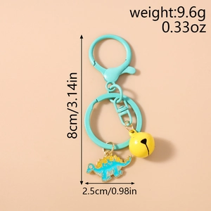 Detailed size view of dinosaur keychain with bell and spring buckle measurement guide