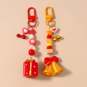 Porte-clés Perlé en Résine de Noël Cloche Dorée Boîte Cadeau Rouge Pendentif de Sac Charme pour Fête Femme Enfants