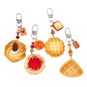 Food simulation keychain set with waffle and cookies charms and colorful beads