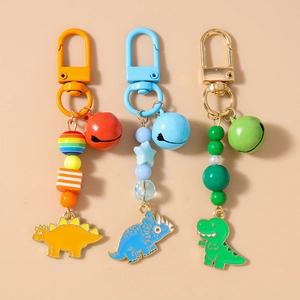 Cartoon Dinosaur Beaded Keychain With Bell Colorful Resin Beads Animal Pendant Keyring For Women Kids Bag Accessories