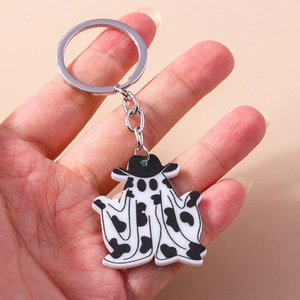 Porte-clés d'Halloween avec fantôme en acrylique double face et motif de vache sur anneau