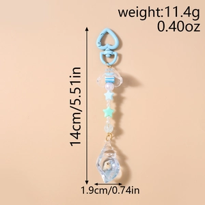 Detail showing blue beaded ocean keychain with dimensions 14cm length and seashell charm