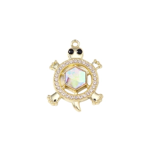 Golden sea turtle charm with hexagonal opal stone and sparkling rhinestone accents
