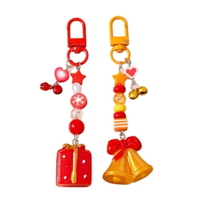 Porte-clés de Noël avec perles colorées, boîte cadeau rouge et breloques de cloche dorée