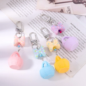 Chic polka dot bow keychain with colorful macaron woven basket pendants set