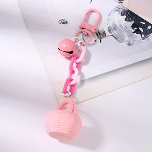 Porte-clés à grosse chaîne rose avec clochette et breloque panier pour décoration