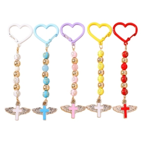 Cross beaded keychain set with heart buckle and winged charms in five vibrant colors