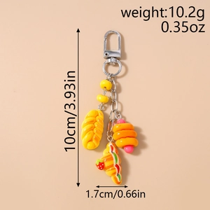 Detailed size specifications of the resin bread keychain showing weight and length