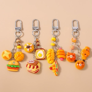 Cute Simulated Food Keychain Zinc Alloy Resin Hamburger Bread Bear Animal Pendant Key Ring For Women Bag Decoration