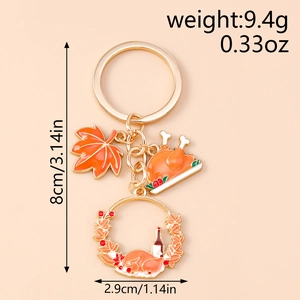 Detailed size chart of Thanksgiving turkey keychain with maple leaf and golden enamel charms