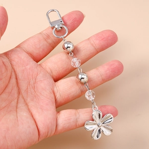 Porte-clés floral en métal argenté avec perles transparentes pour bijoux de sacs