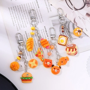 Creative food and animal keychain collection with mini resin bear and bread charms