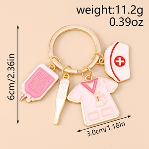 Detailed view of medical keychain with nurse hat, thermometer and IV bottle charms