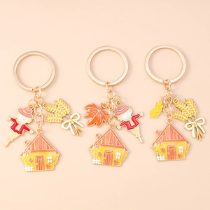 Autumn Harvest Scarecrow House Keychain Zinc Alloy Enamel Maple Leaf Rice Ear Bag Pendant Charm Thanksgiving Holiday Gift