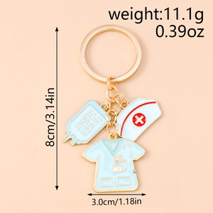Detailed size view of nurse uniform, hat and drip pendants on a gold keychain