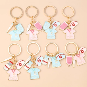 Enamel medical nurse uniform keychains with thermometer and pill bottle charms