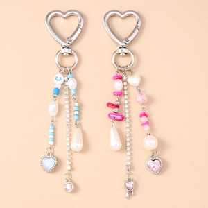 Sweet Heart Shape Alloy Keychain Faux Artificial Pearl Rhinestone Multi Layer Beaded Bag Charm For Women Girls Decorative Accessory