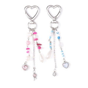 Beaded heart keychain with pearls, rhinestones and water drop charms for bags