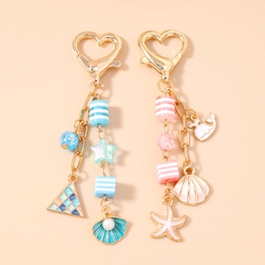 Ocean Theme Zinc Alloy Keychain With Heart Clasp Shell Starfish Whale Pendant Girly Cute Bag Charm Gift For Women