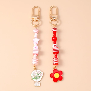 Porte-clés Doux en Alliage de Zinc avec Perles Fleur Tulipe Tendance Pendentif Lettre Charme de Sac Femmes Filles Accessoires de Porte-clés Fait Main