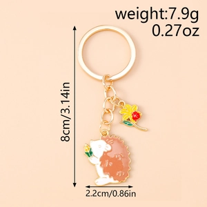 Detail view of cartoon hedgehog keychain with sunflower pendant and product dimensions