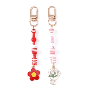 Porte-clés à fleurs avec pendentifs tulipes et perles rayées pour sacs en rouge et rose