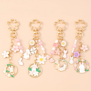 Japanese Style Cherry Blossom Rabbit Keychain Zinc Alloy Enamel Flower Garland Bag Pendant Artificial Pearl Key Ring Gift For Women
