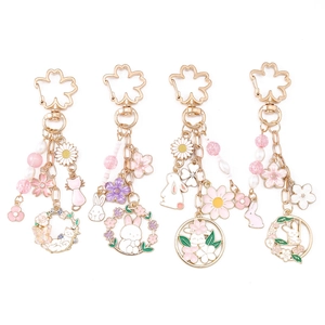 Chinese style floral rabbit and sakura enamel keychain set with pink beads and gold finish