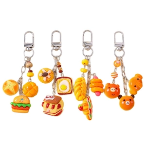 Cute food-themed bear bread and hamburger keychain charms with resin pendants