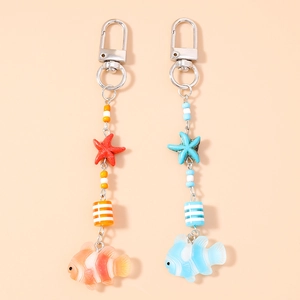 Ocean Style Resin Clownfish Starfish Keychain Cute Beaded Marine Animal Bag Pendant Charm For Women Kids Gift