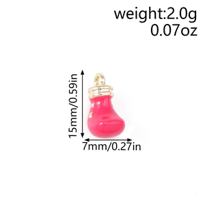 Detailed view of a red Christmas boot charm with gold star and size dimension markings